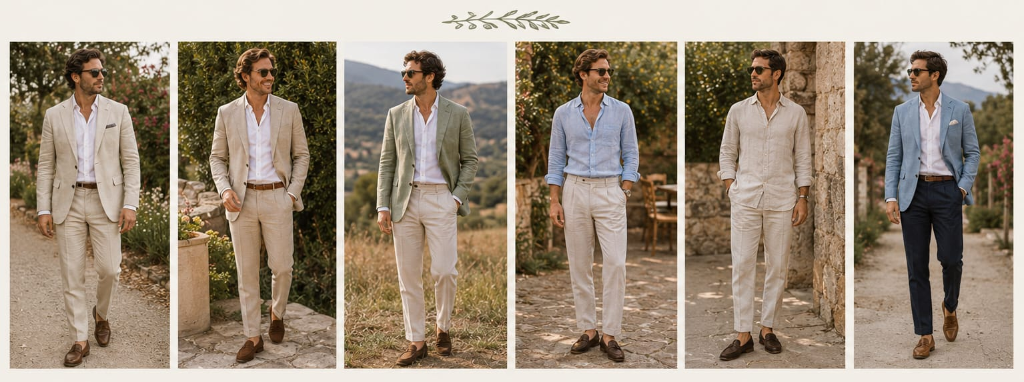 Men's summer formal dress code inspiration - lightweight linen suits, blazers, and open-collar shirts